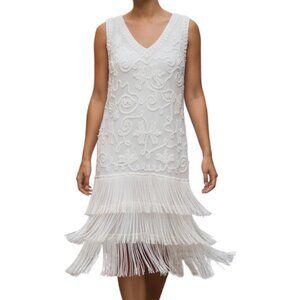R&M Richards Embroidered Ivory 1920s Shift Flapper Dress Women's Size M